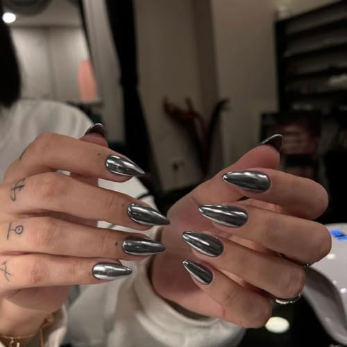 SXVME Black Chrome Medium Almond Press On Nails Metallic Glue On