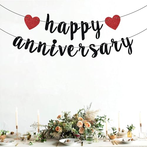 Happy Anniversary Banner - Black & Red Glitter Party Decoration