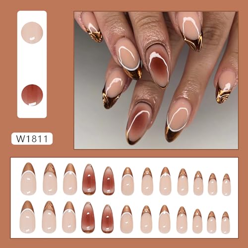 Brown French Almond Press On Nails Medium Acrylic False Nails Kit