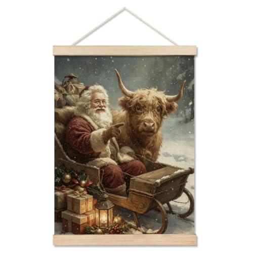 Christmas Santa and Highland Cow Wall Art Print 12x16in - Color 22