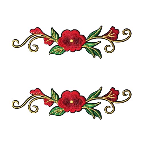 Colorful Flower Patch Applique - 2pcs Red Embroidered Iron-On Patches