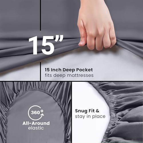 Twin XL Fitted Sheet Set, 2 Pack, 15 Inch Deep Pocket, Grey