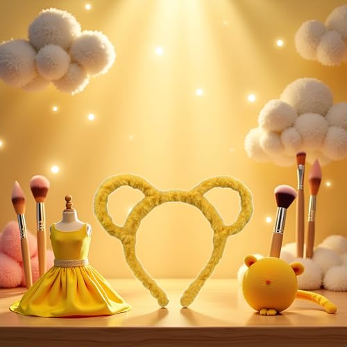 Yellow Plush Mouse Ear Headband Cute Animal Hair Hoop for Makeup