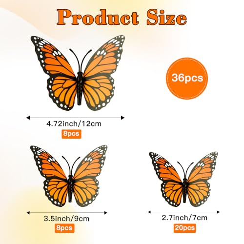 36 Pcs 3D Monarch Butterfly Wall Decals - Realistic PVC Orange Decor