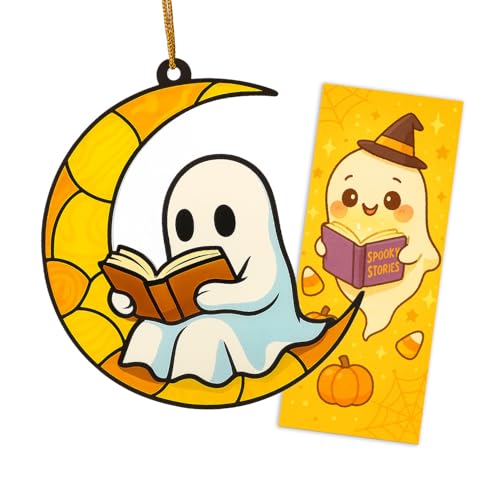 Ghost Reading Ornament - Stained Glass Style Book Decor