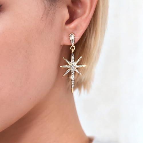Sttiafay Vintage Crystal Northstar Dangle Earrings Gold CZ Star Drop Earrings