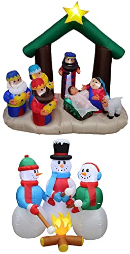 Christmas Inflatable Nativity Scene & Snowmen Bundle with LED Lights - Outdoor Decor