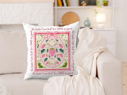 Christian Pink Bow Strawberry Pillow Cover 18x18 - Bible Verse Decor