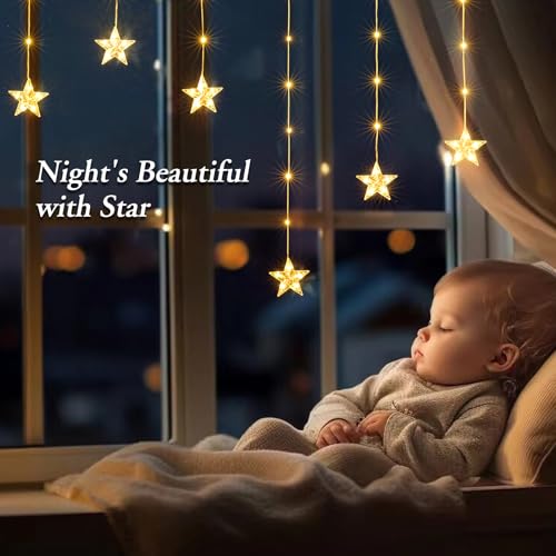 Quntis Warm White Christmas Window Lights with 76 LEDs & 9 Stars - Battery Operated Indoor Decor with 8 Modes & Timer