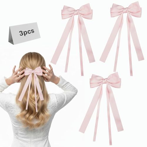 Awpeye 3 Pack Large Pink Satin Hair Bows with Alligator Clips