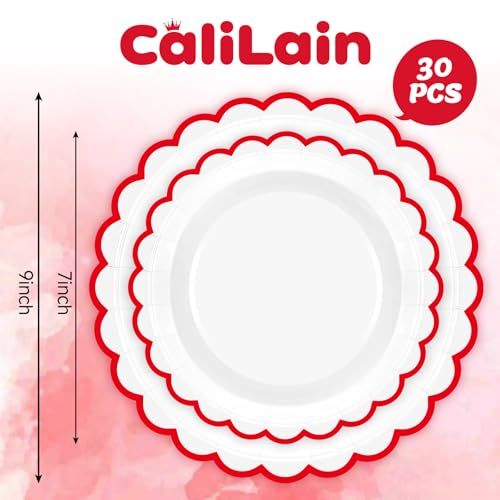 30 Pcs Red Scalloped Paper Plates - 7 & 9 Inch for Parties