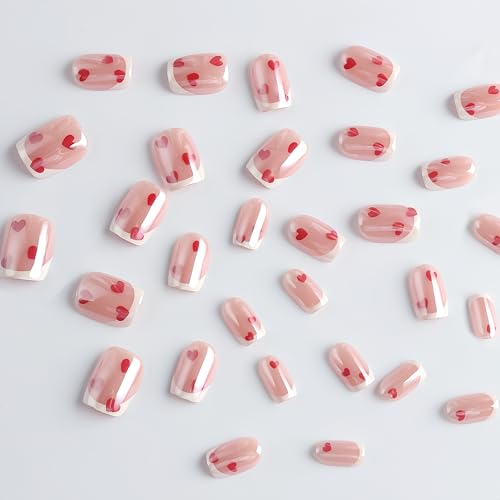 Valentine Press on Nails Short Square French Heart Fake Nails Acrylic