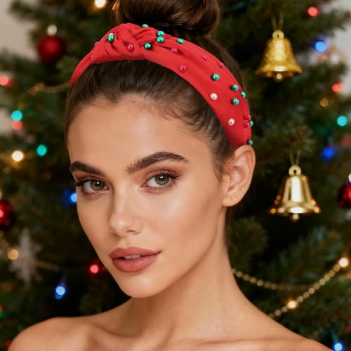 Christmas Knotted Headbands - 2PCS Red & Green Pearl Beaded Hair Accessories