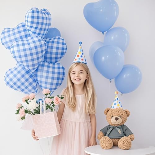 10 Pcs 18-Inch Blue Checked Heart Balloons - Pastel Gingham Foil Party Decor