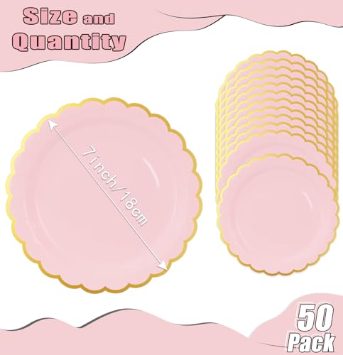 50 Light Pink Scalloped Paper Plates with Gold Foil - 7 Inch Disposable Dinner Plates for Parties