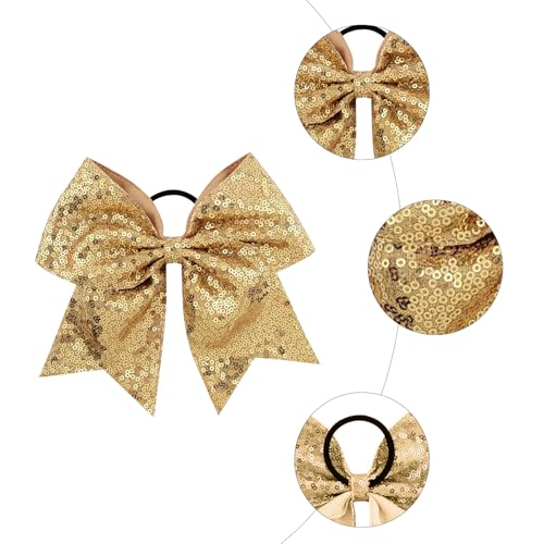 Glitter Gold Cheer Bows 4PCS Large Sequin Hair Ties Ponytail Holder