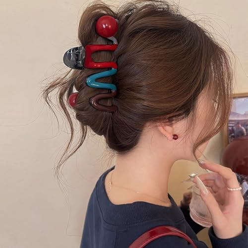 FRUZJAY Wavy Acrylic Hair Claw Clip with Red Beads Strong Hold Nonslip