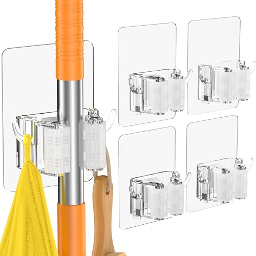 Batur Wall Mount Broom Holder with Hooks - 4 Pack Adhesive Organizer