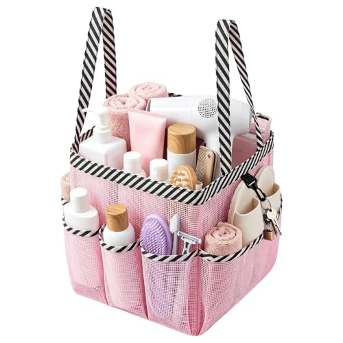 Ynaquest Mesh Shower Caddy - 9 Pocket Portable Toiletry Tote, Pink Stripe
