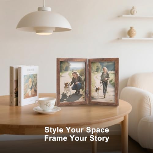 Rustic Wood Double Picture Frame 4x6 - Hinged Photo Display