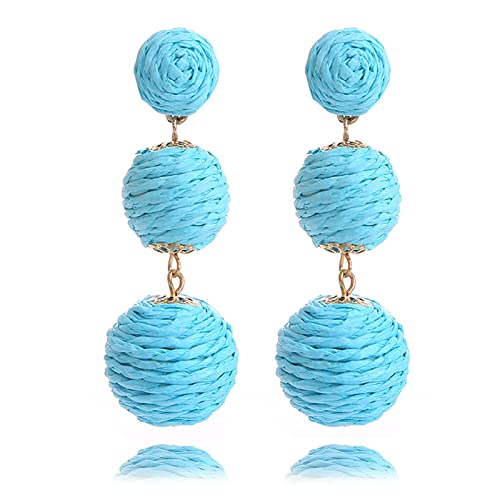 Bohemian Woven Rattan Straw Ball Drop Earrings for Women
