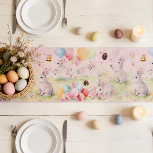 Easter Table Runner 13x72 Inch Pastel Bunny Spring Tablecloth Decor