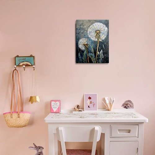Dandelion Canvas Wall Art - Framed Wildflower Botanical Painting | Serene Blue Gray Decor, 12x16 Inches