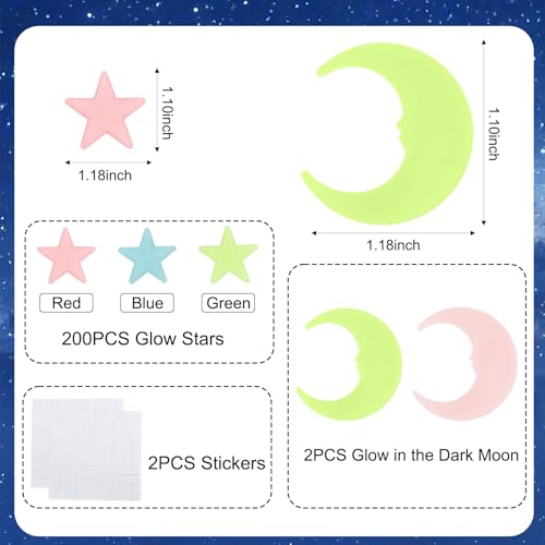 200 Pcs Glow in the Dark Stars & 2 Moons Wall Stickers for Kids' Rooms