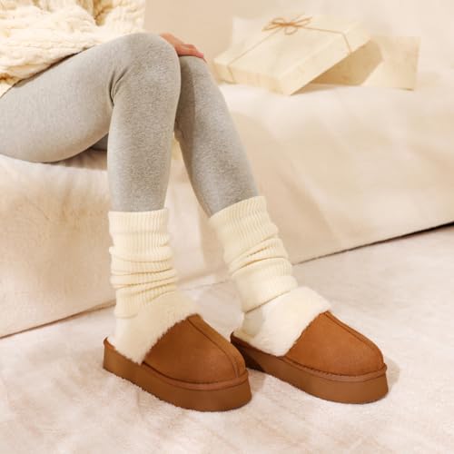Fuzzy Memory Foam Slippers for Women Indoor Outdoor House Shoes - Platform Brown 8