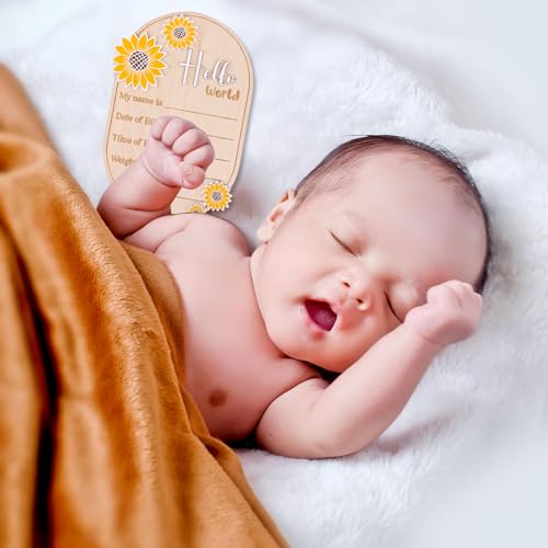 Newborn Announcement Sign with Sunflower Design - 5.9in Wooden Baby Name Board