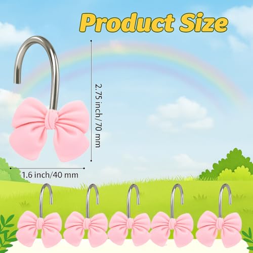 Pink Bow Shower Curtain Hooks - Set of 12 Cute Resin Bathroom Decor