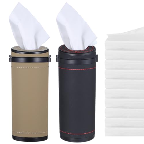 Car Tissue Holder - Premium PU Leather Cylinder Box with Window Breaker - Beige & Black