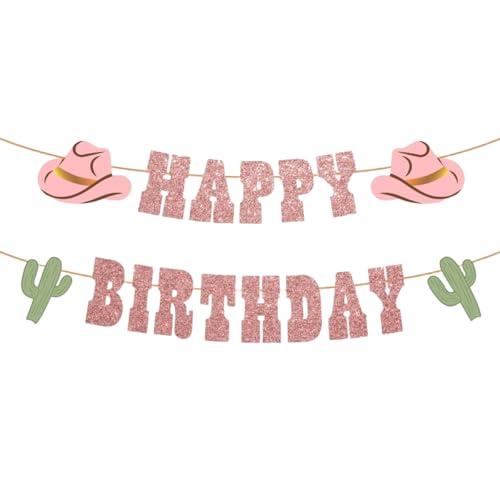 Western Cowboy Birthday Banner with Pink Glitter & Cactus