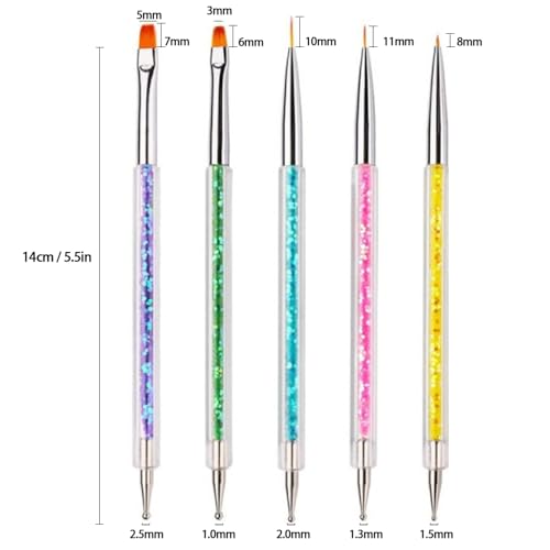 AIBEE 5pcs Double-Ended Acrylic Nail Art Brushes & Dotting Tools Set