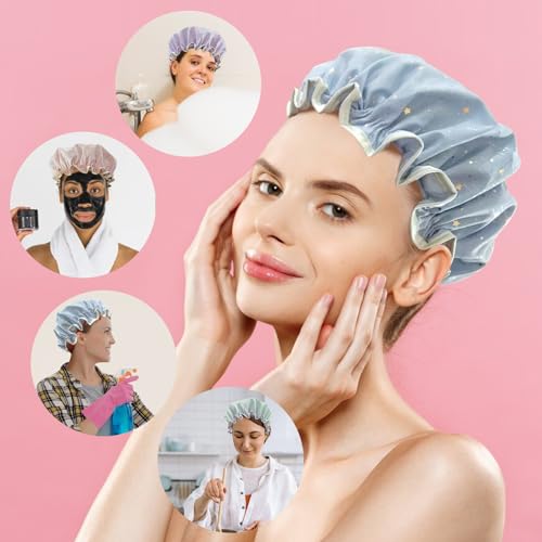 2 Pack Waterproof Shower Caps for Women - Reusable Elastic Hair Bonnet