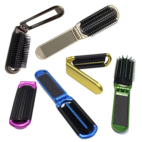 ALAZCO Folding Hair Brush With Mirror Compact Pocket Size Travel Hairbrush