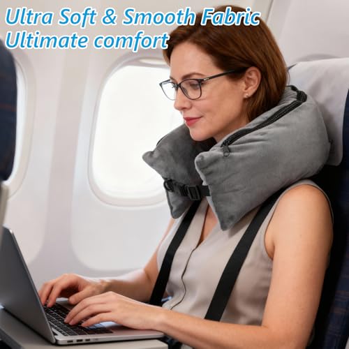 Gray Stuffable Travel Neck Pillow - Adjustable Velvet Cushion