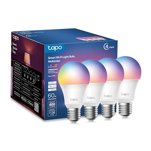Tapo Smart WiFi LED Light Bulbs, RGBW Dimmable A19, 4-Pack