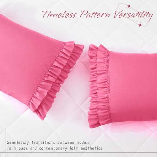 Vonty Hot Pink Ruffled Pillow Cases Set of 2, 20x54 Inch Body Size, Double Ruffle Design