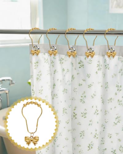 Gold Bow Shower Curtain Hooks 12-Pack - Rustproof Decorative Ring Set