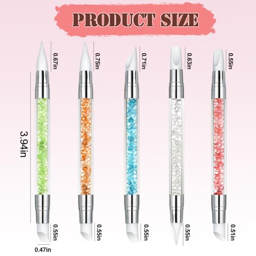 AIBEE 5Pcs Dual-Tipped Silicone Nail Sculpting Tool Set with Acrylic Rhinestone Handles for Nail Art Design