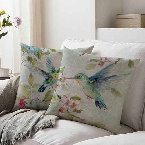 Watercolor Hummingbird Throw Pillow Covers, 18x18 Linen Set of 2