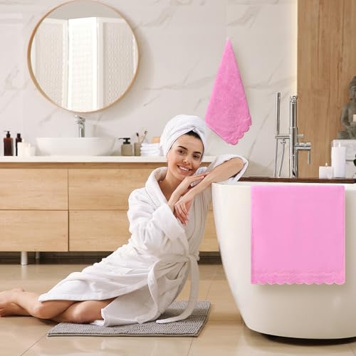100% Cotton Scalloped Hand Towels, 600 GSM Embroidered Fingertip Set - Pink