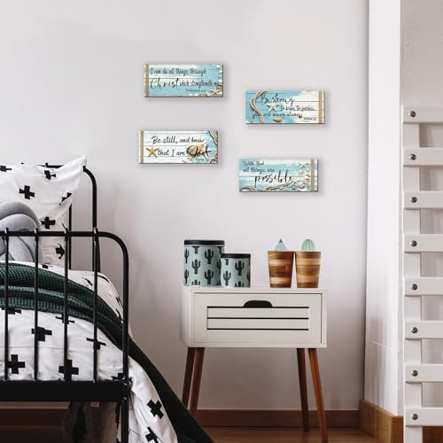 4-Piece Ocean Bible Verse Wall Decor, Rustic Farmhouse Wooden Signs 10x4"