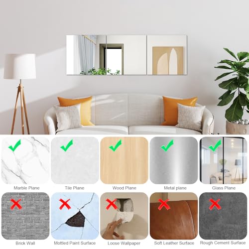 QEEYON 8x8 Inch Square Glass Mirror Sheet - Self-Adhesive Wall Mirror Tile
