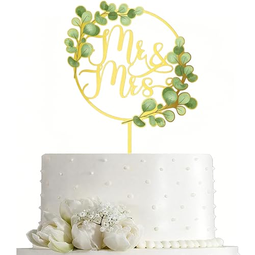 Gold Acrylic Mr & Mrs Cake Topper with Greenery - 8.2x5.5in