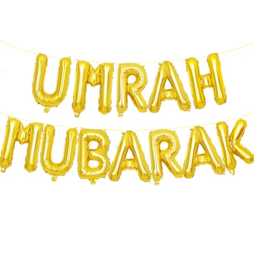16-Inch Umrah Mubarak Letter Balloons Banner - Gold Mylar Decorations
