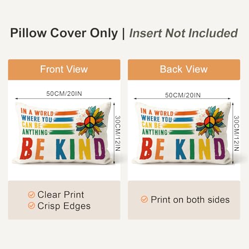 Be Kind Rainbow Pillowcase 12x20 Inch | Double-Sided Linen Throw Pillow Cover