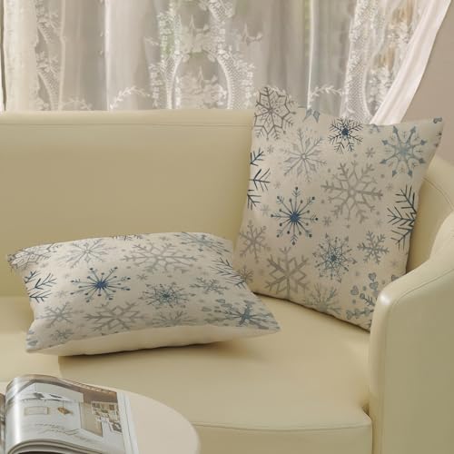 Christmas Pillow Covers 20x20 Inch Set of 2 - Blue Grey Snowflakes Holiday Decor