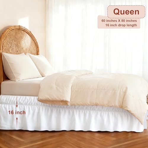 Queen Bed Skirt with Elastic Straps - Ruffle Design, White, 16" Drop